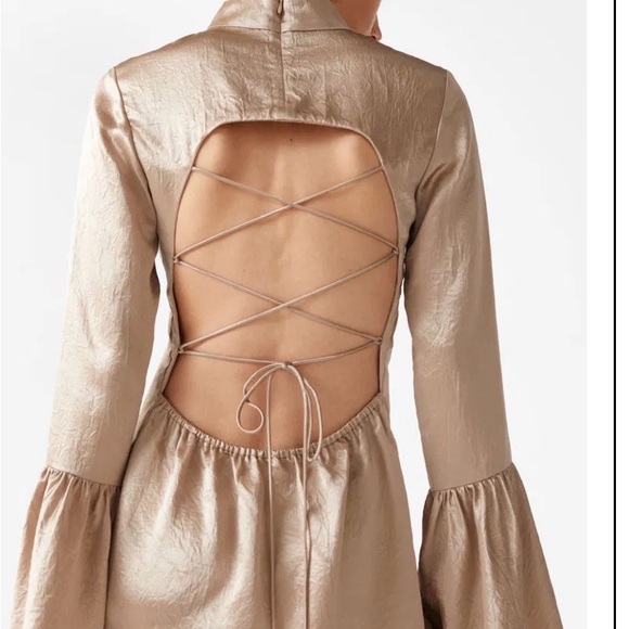 & Other Stories Shimmering Gold trumpet sleeve lace up back dress size 6 - Picture 2 of 5